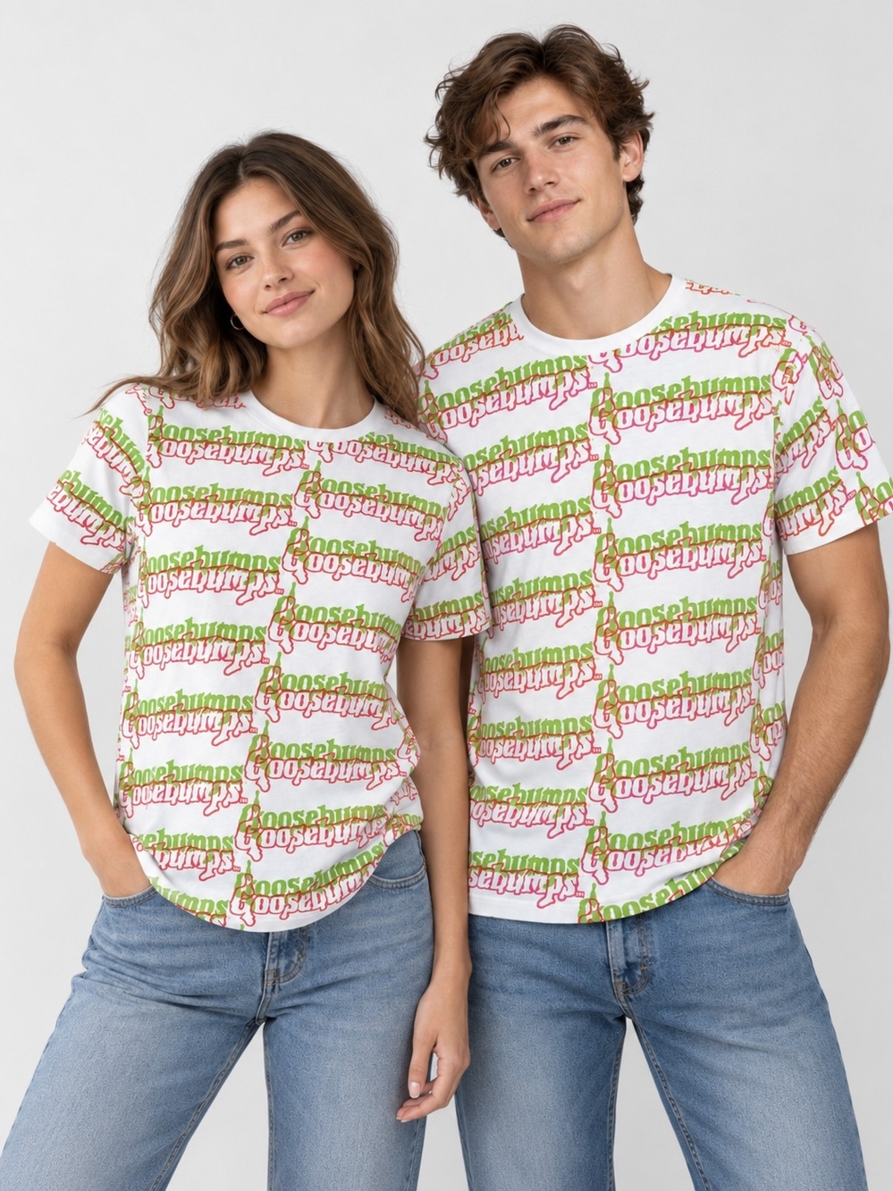 White Short-Sleeve Logo-Print Tee with Green & Pink Accents